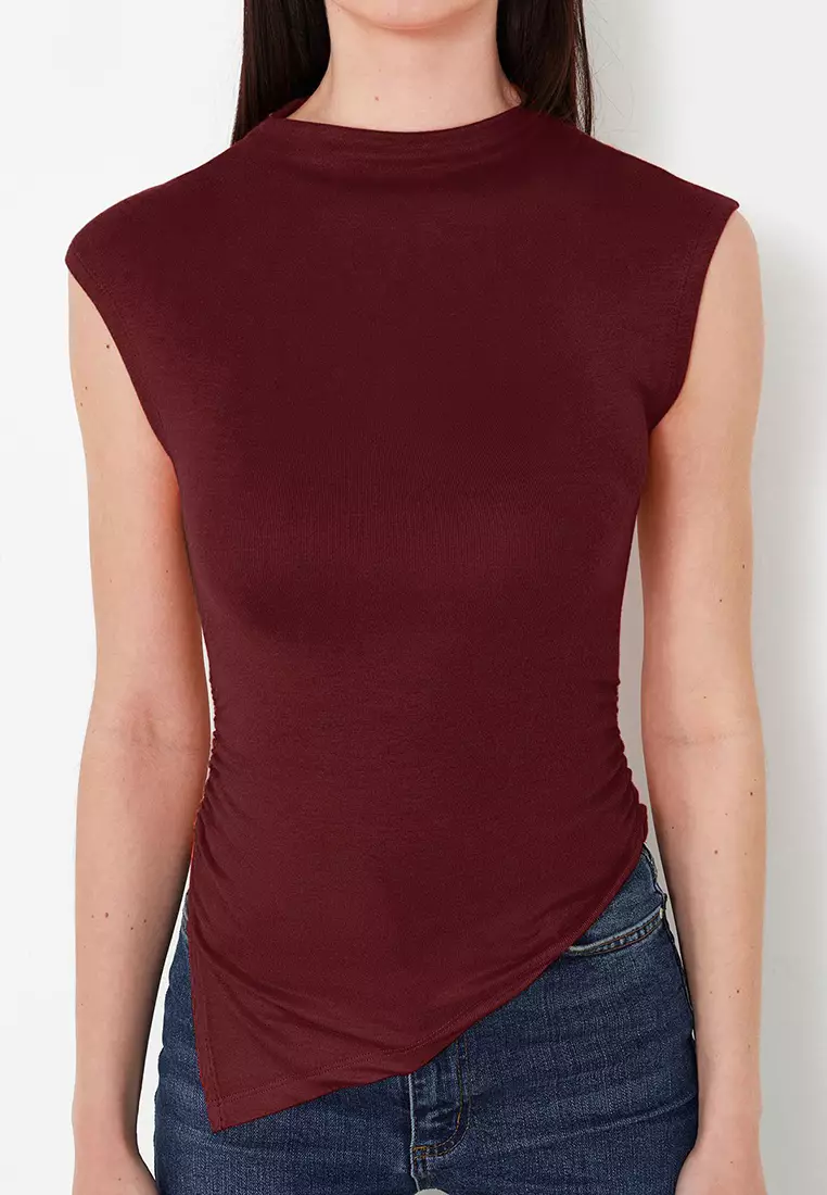 Claret Red Stand Collar Gathered/Drape Detailed Fitted/Body-Sit Asymmetrical Knitted Blouse TWOSS24BZ00534