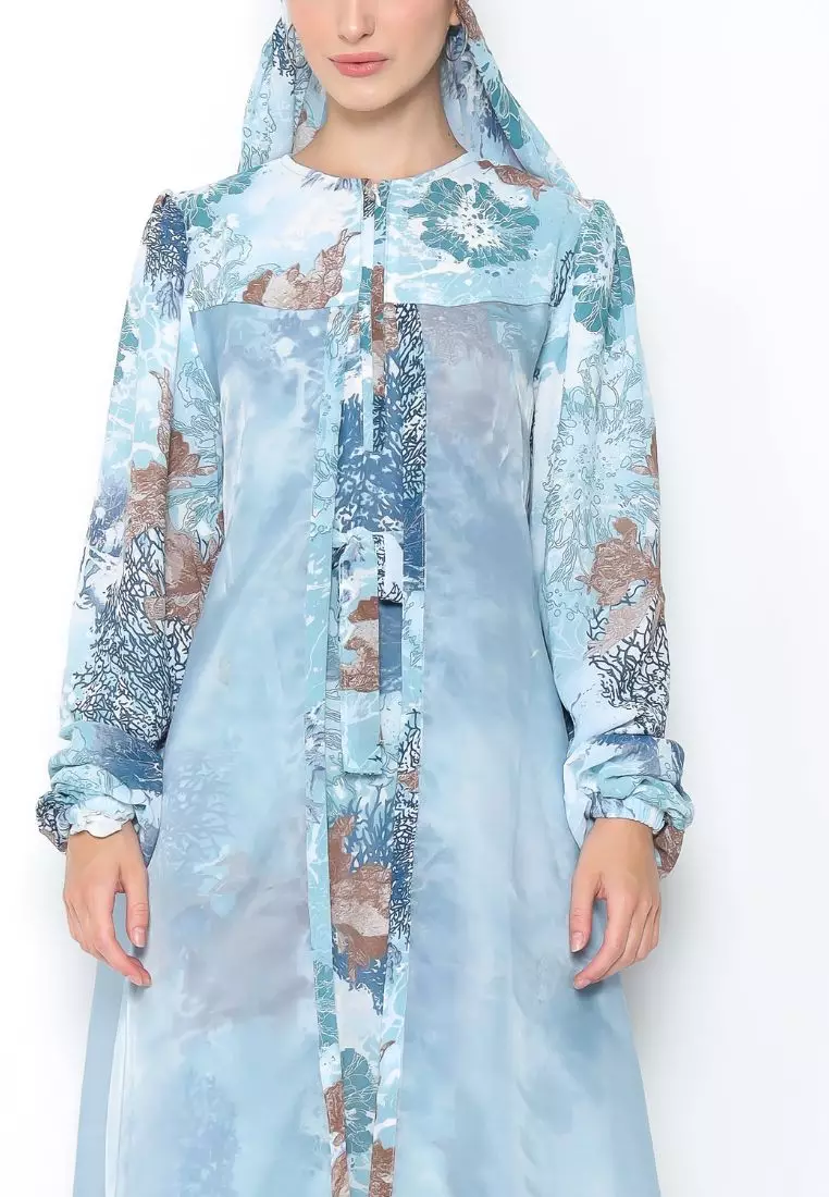 Rinjanie x Senorita  - Gamis Rosslen Biru Muda - Gamis Set Scarf Raya - Gamis Set - Gamis Printing Mix Organza - Dress Raya - Dress mix organza - GMKY - BR