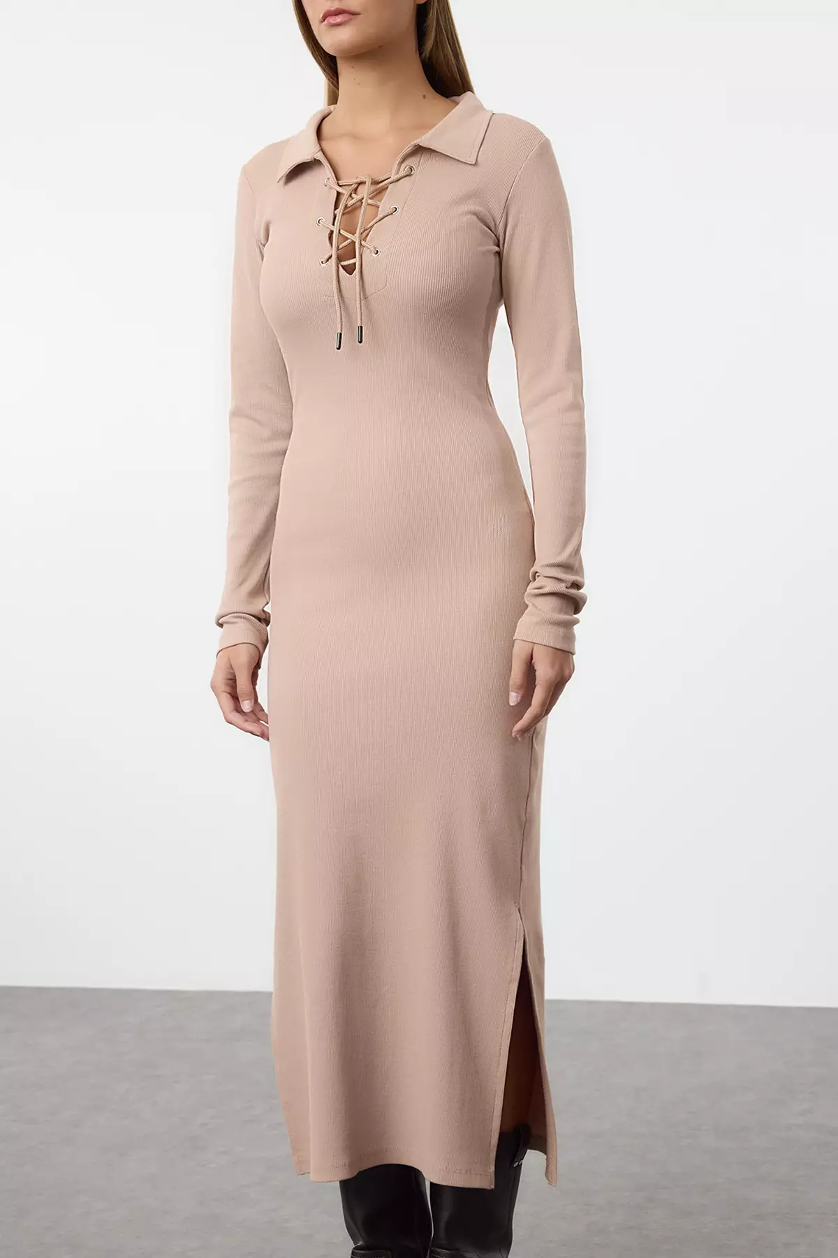 Lace Up Slit Midi Dress