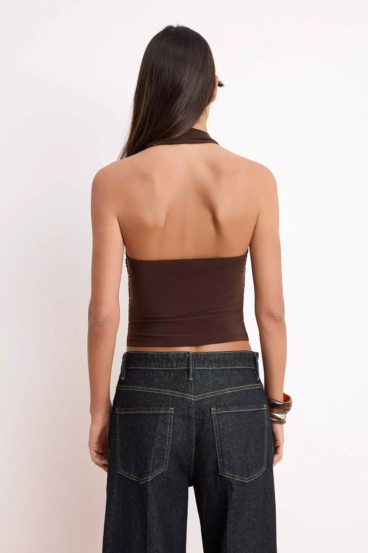 Brown Regular/Normal Fit Halter Neck Sleeveless Stretchy Knitted Blouse Twoss26Bz00521