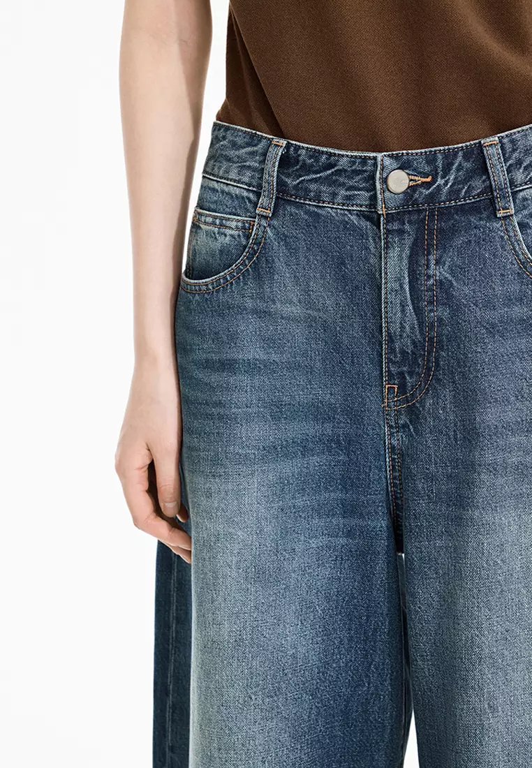 Wide-leg Rolled Hem Denim Extra Long Pants