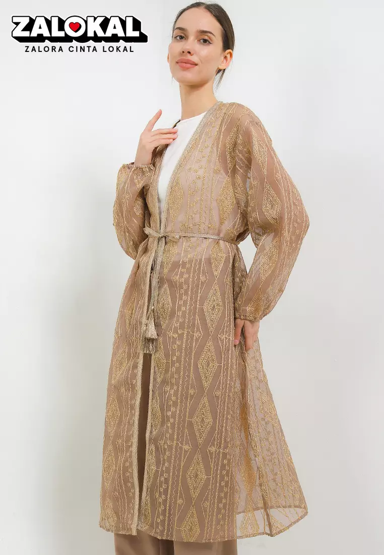Ethnic Emb Linen Outer W/ Gold Tassel Belt