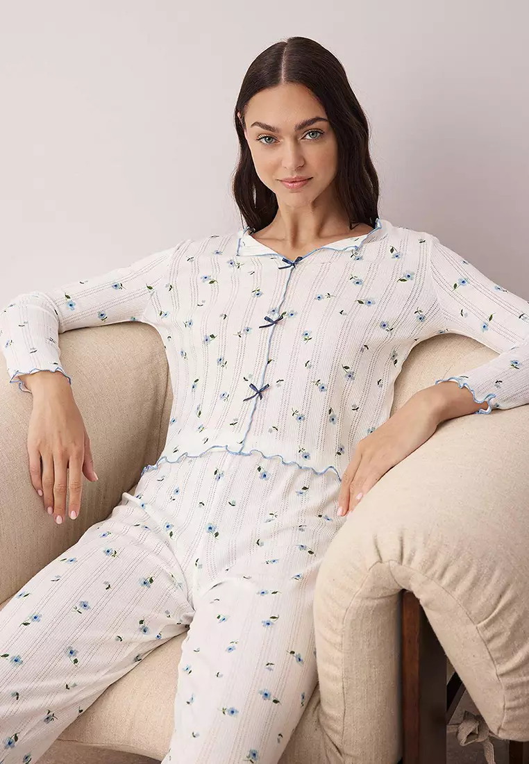 White Blue Floral Ribbon/Bow Ribbed/Pointel Knitted Pajamas Set