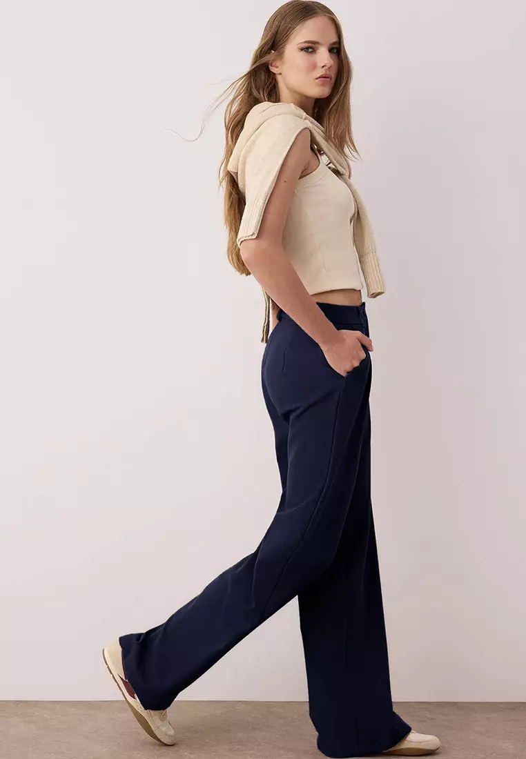 Dark Navy Blue Pleated Wide Leg Pants
