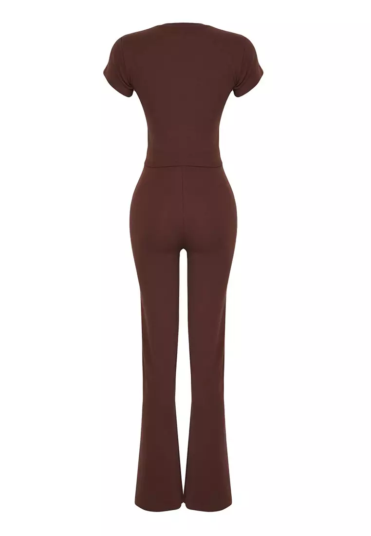 Brown Fitted/Flexible Knitted Bottom-Top Set Twoss25Au00053