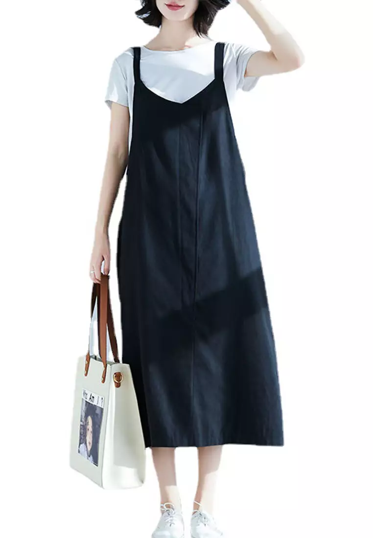 Buy Sunnydaysweety Casual Loose Plus Size Suspenders One-Piece Dress ...