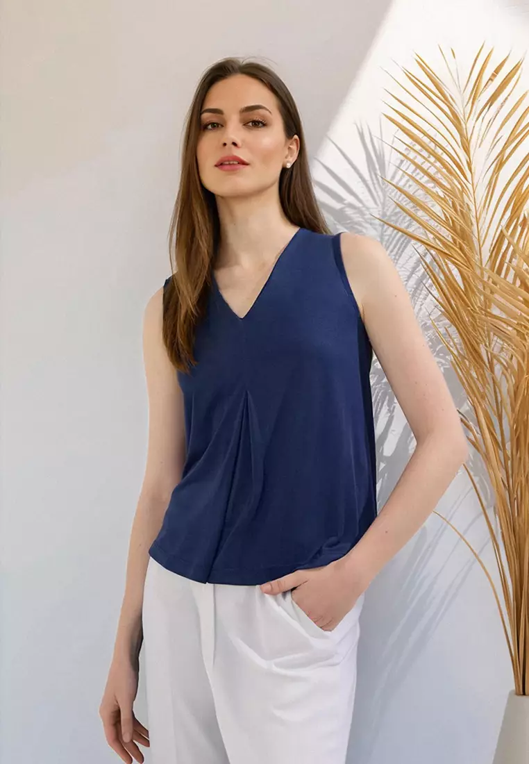 Navy Blue More Sustainable Modal Fluid Fabric Regular Fit Pleated Knitted Blouse TWOSS25BZ00401
