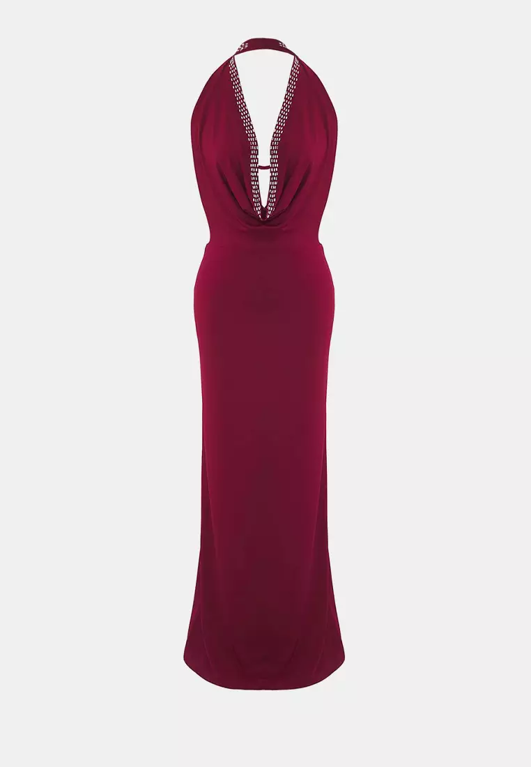Burgundy Degaje Collar Deep Decollete Shiny Stone Detail Evening Dress Evening Graduation Dress