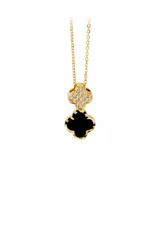 925 Sterling Silver Plated Gold Fashion Simple Four-leafed Clover Black Imitation Agate Pendant with Cubic Zirconia and Necklace - Luxurious Look