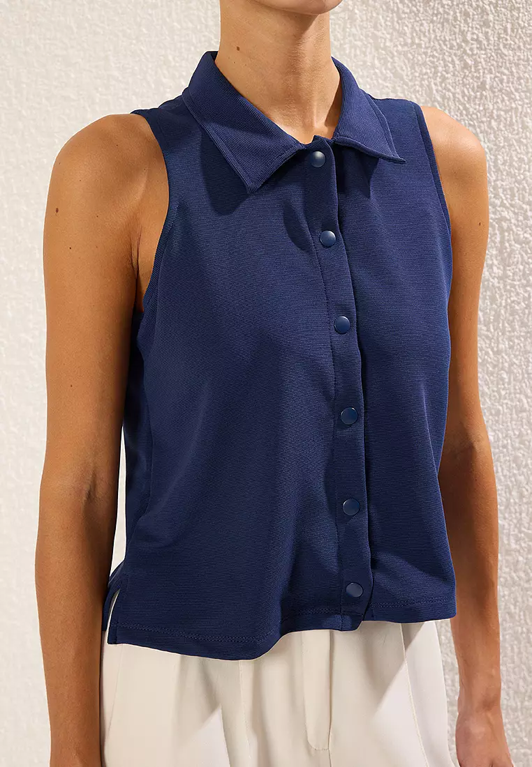 Navy Blue Snap Polo Collar Sleveless Regular Knitted Blouse