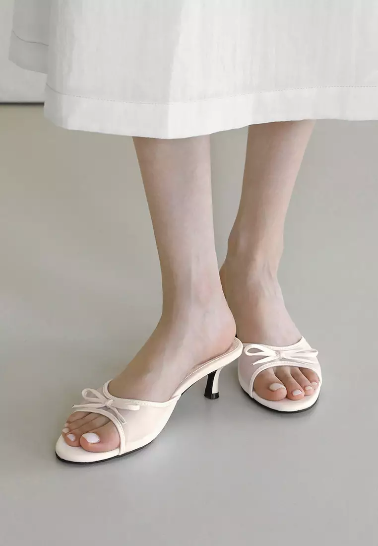 Discount on Sappun  shoes - SKU: Renerin Mesh Ribbon Sandals Mule (5cm) - Ivory