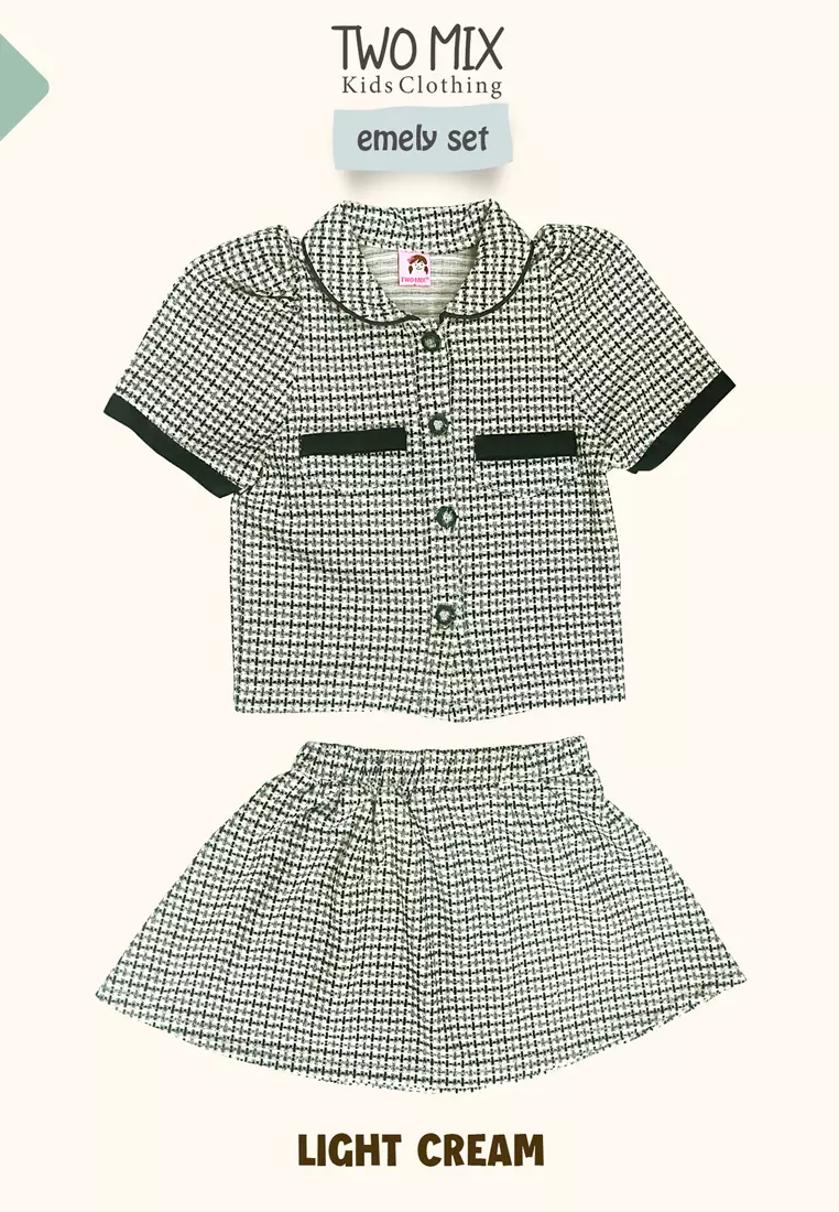 Two Mix - Setelan Baju Rok Anak Perempuan Lucu - Emely Set Ruffle 1-6 Tahun 4365B Light Cream