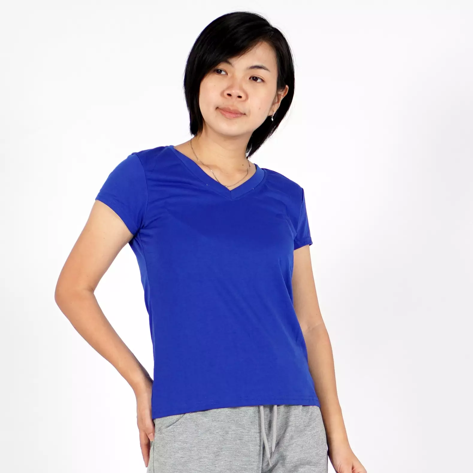OKECHUKU Vioree T-Shirt V-Neck Oblong Polos Tangan Pendek Kaos Wanita Leher V - Biru