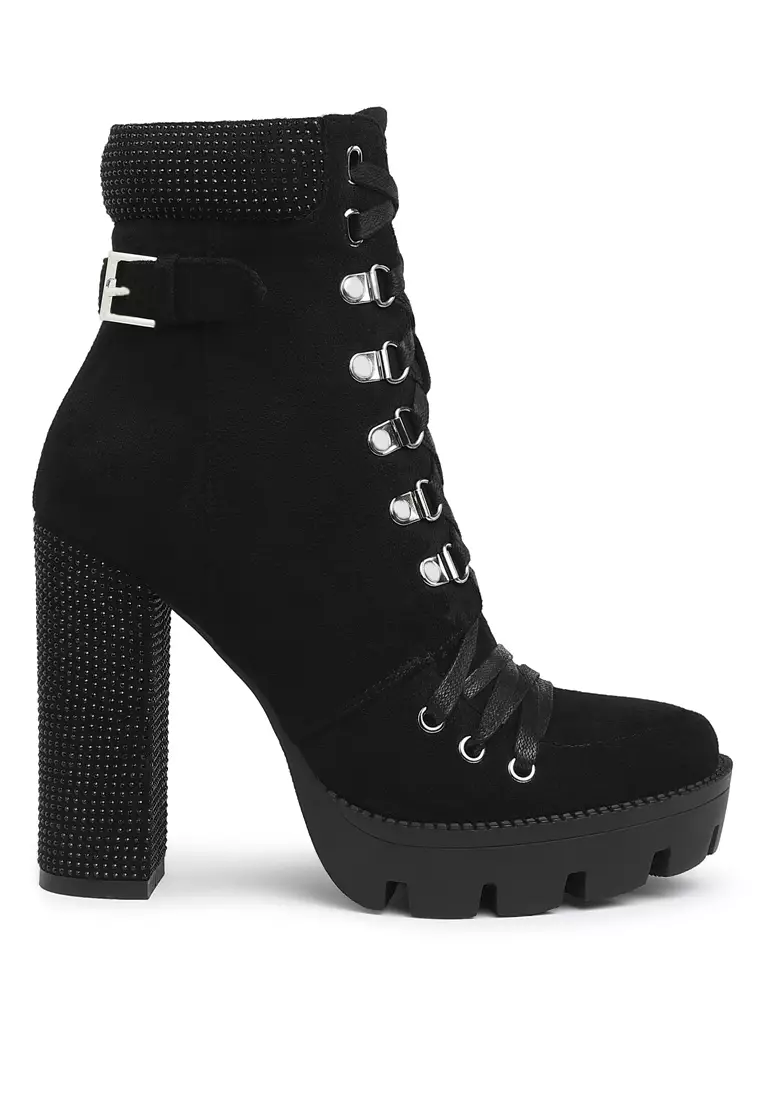 Black Diamante Set Block Heeled Ankle Boot