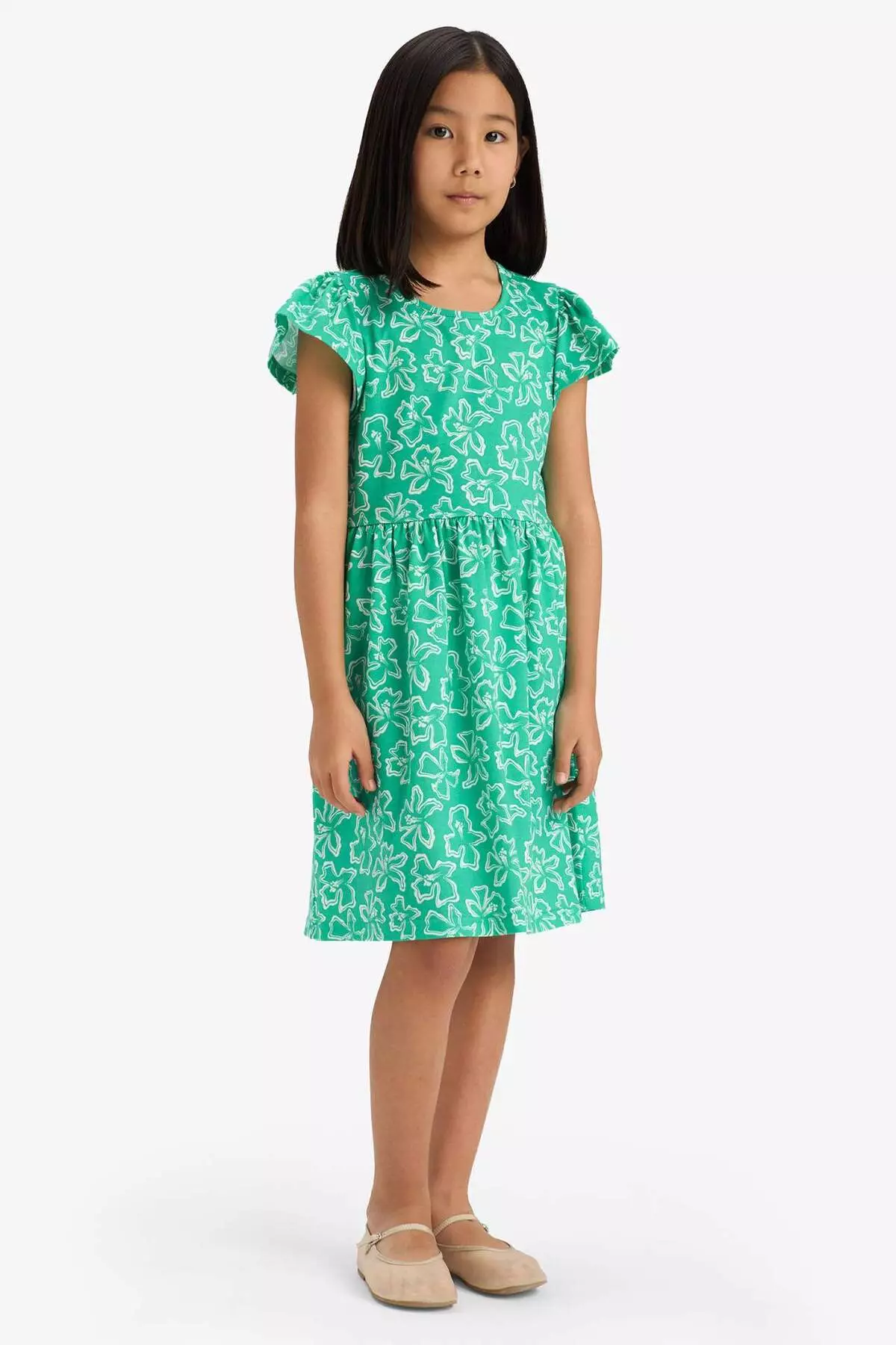Girls' Crew Neck Patterned Short Sleeve Summer Dress B4339A825Sm