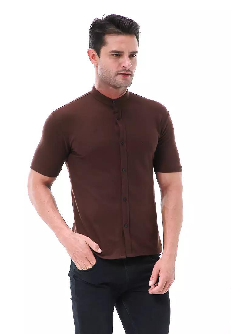 Leopold Atasan Pria Kemeja Kasual Slim Fit Lengan Pendek Motif Polos Material Cotton ORIGINAL - Brown