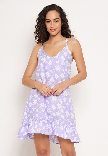 Clovia purple Clovia Pretty Florals Babydoll in Lilac - Rayon 9E663AAAFF0E08GS_1