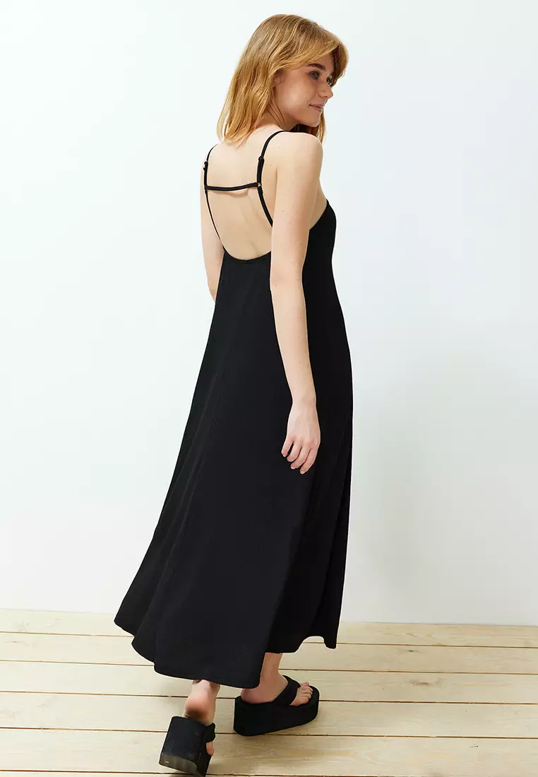 Black Adjustable Straps A-Line Crepe/Textured Knit Maxi Dress