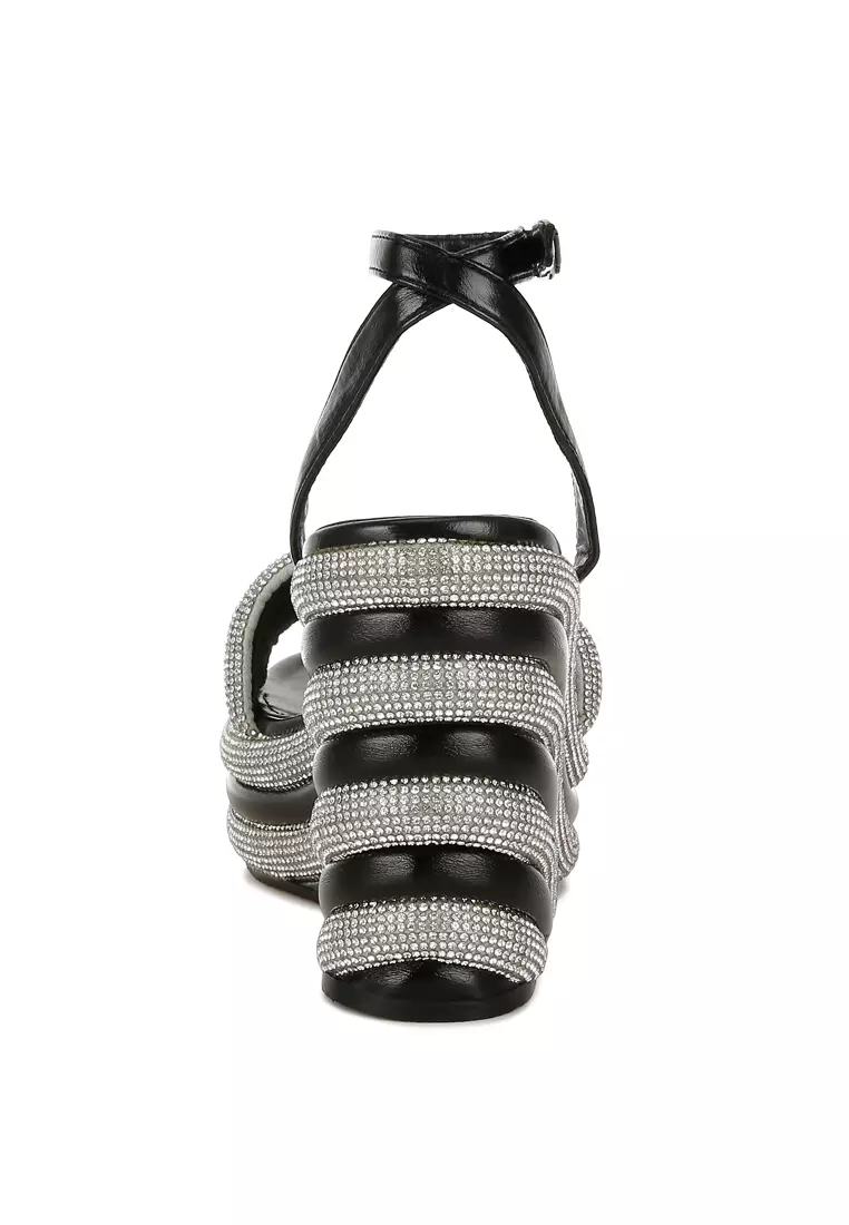 Black Rhinestone Studded Wedge Sandals