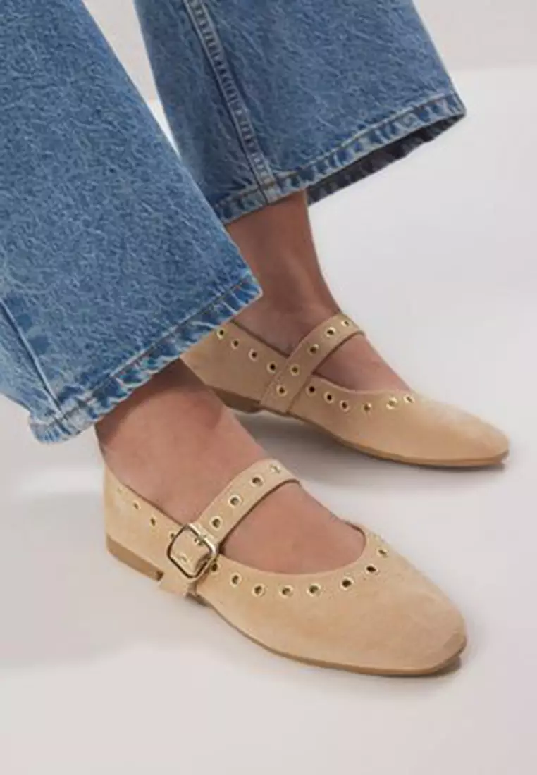 Beige Suede Eyelet Detailed Buckle Almond Toe Women's Ballerina Flats Takss25Be00039