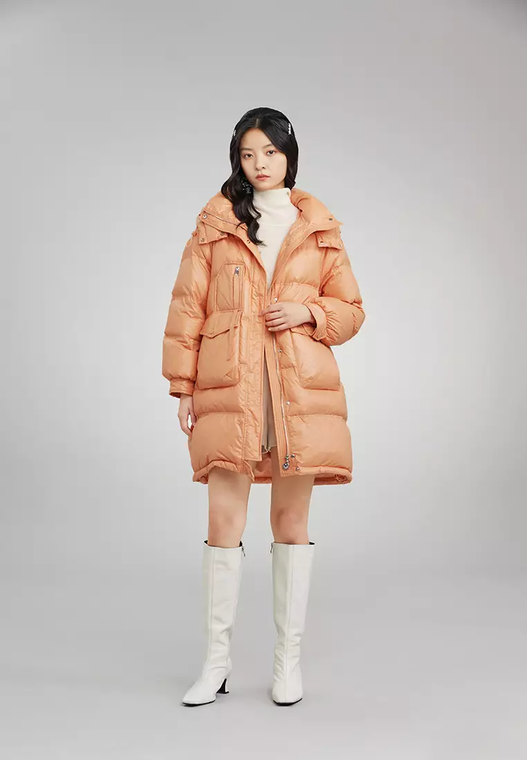 shiny mid length puffer jacket