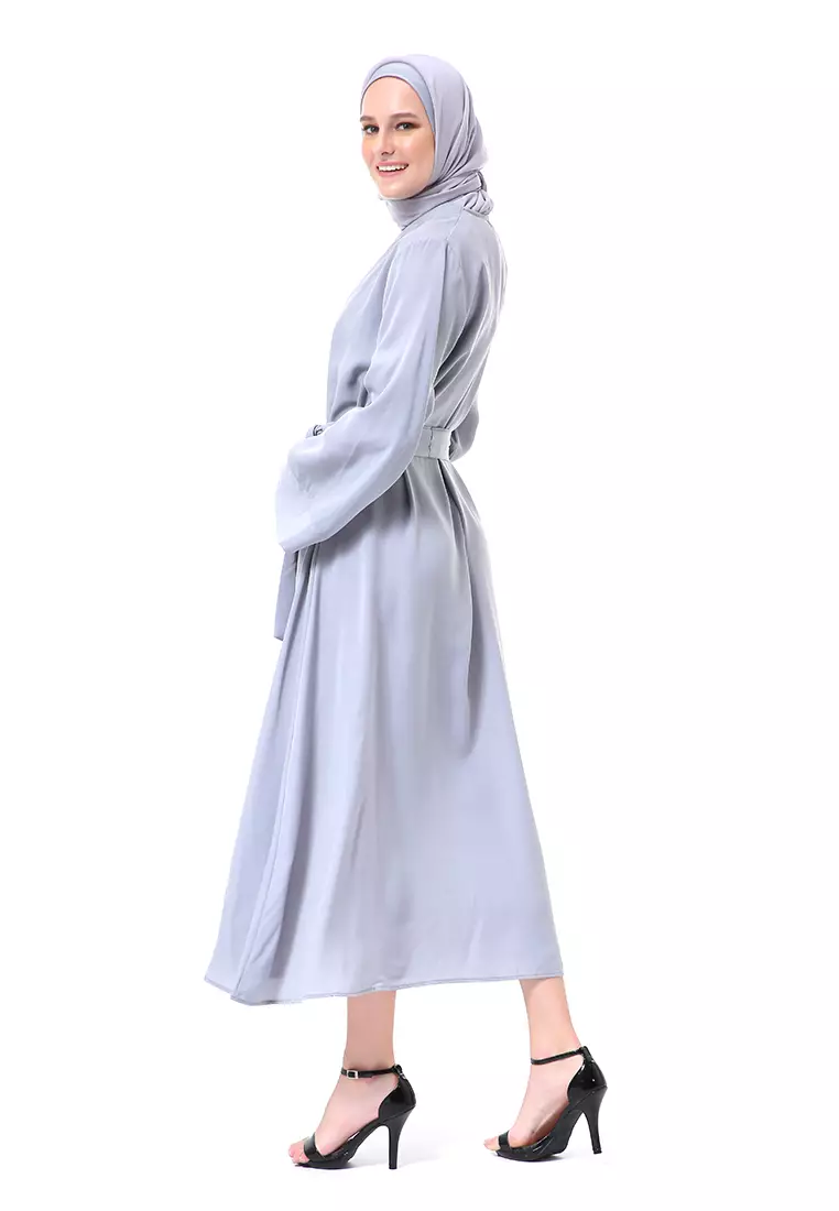 Khalisa Aiza Long Abaya Gamis Self Tie Belt Premium High Quality - Silver