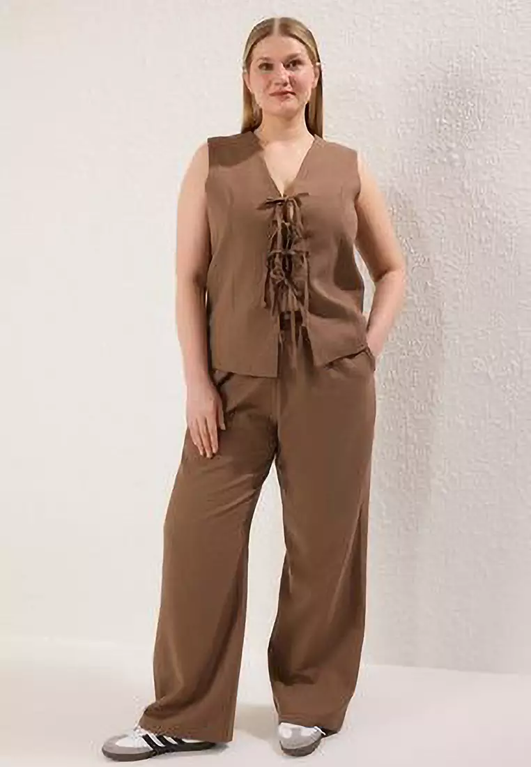 Brown Wide Leg Linen Look Front Rope Bottom Top Set TBBSS25CP00026
