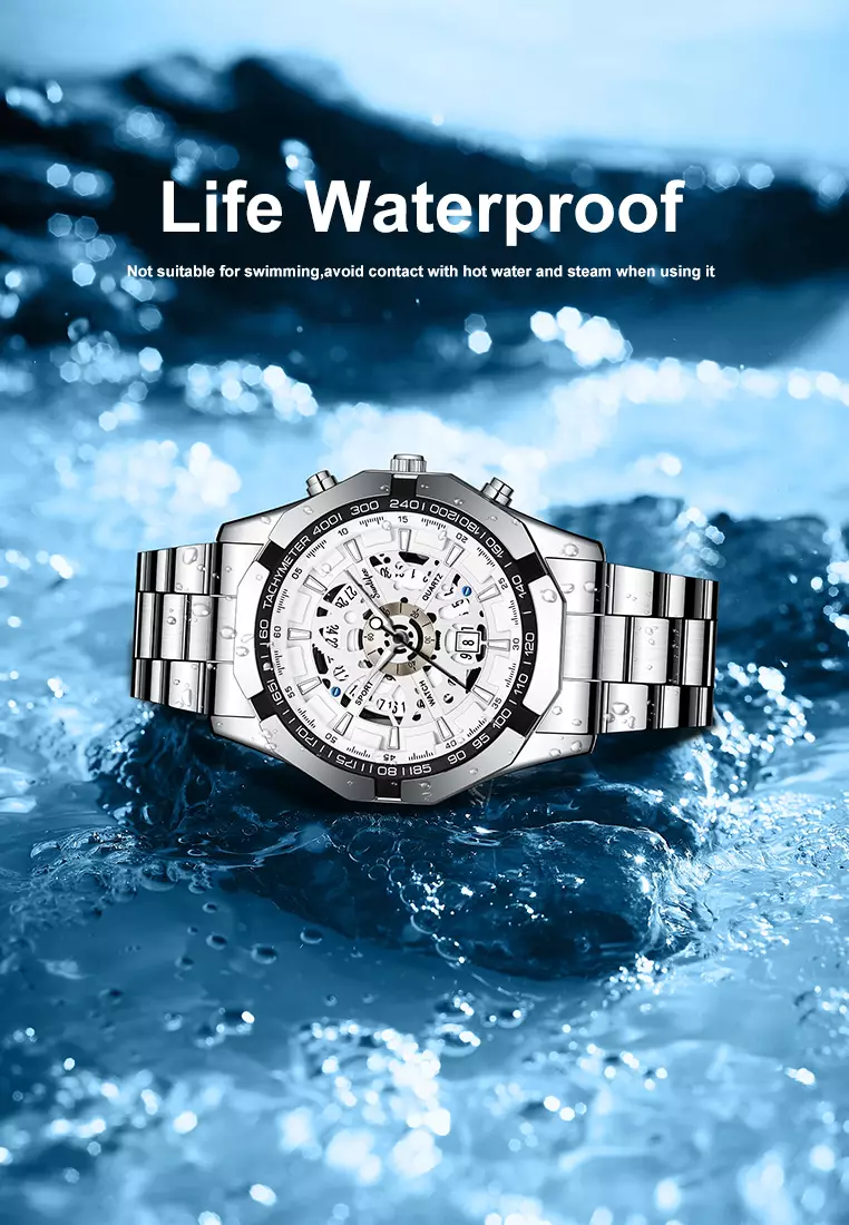 Jam Tangan Pria Original Calendar Luxury Bisnis Tali Stainless Steel Jam Tangan Cowok 9096 silver white