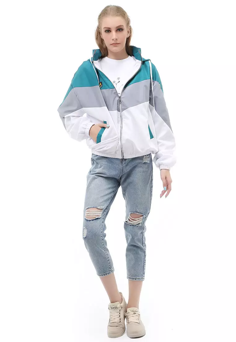 Hardwin Jacket Outer Wanita Hoodie Kombinasi 3 Warna Material Parasut Despo ORIGINAL - Tosca Gray White