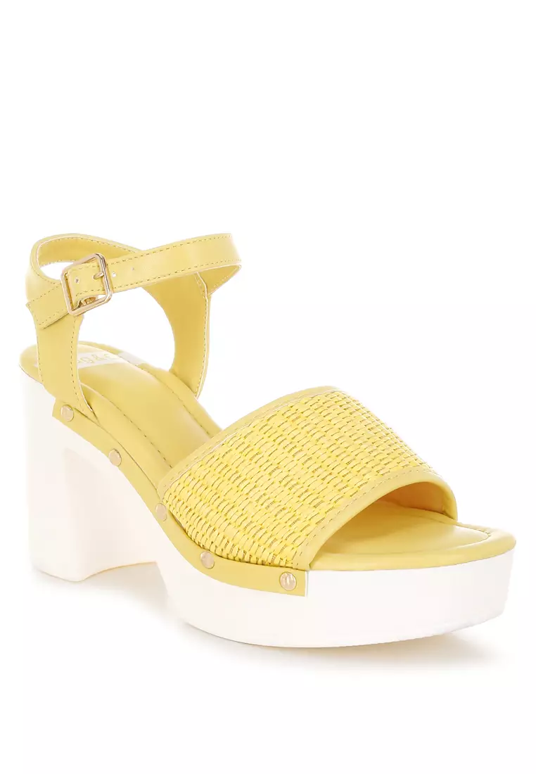 Raffia Chunky Sandals In Yellow