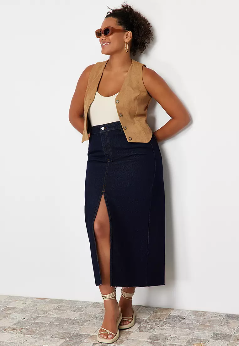 Buy Trendyol Plus Size Slit Denim Midi Skirt Online | ZALORA Malaysia
