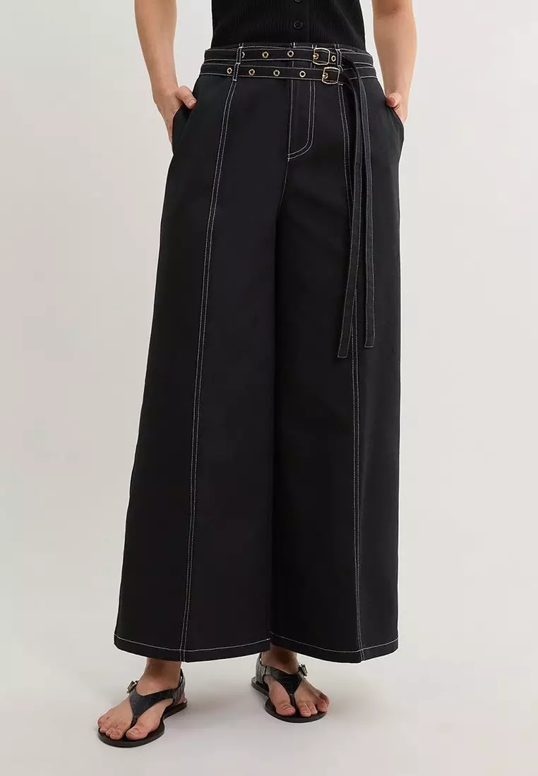 Mid Waist Belted Wide Leg Pants - Black