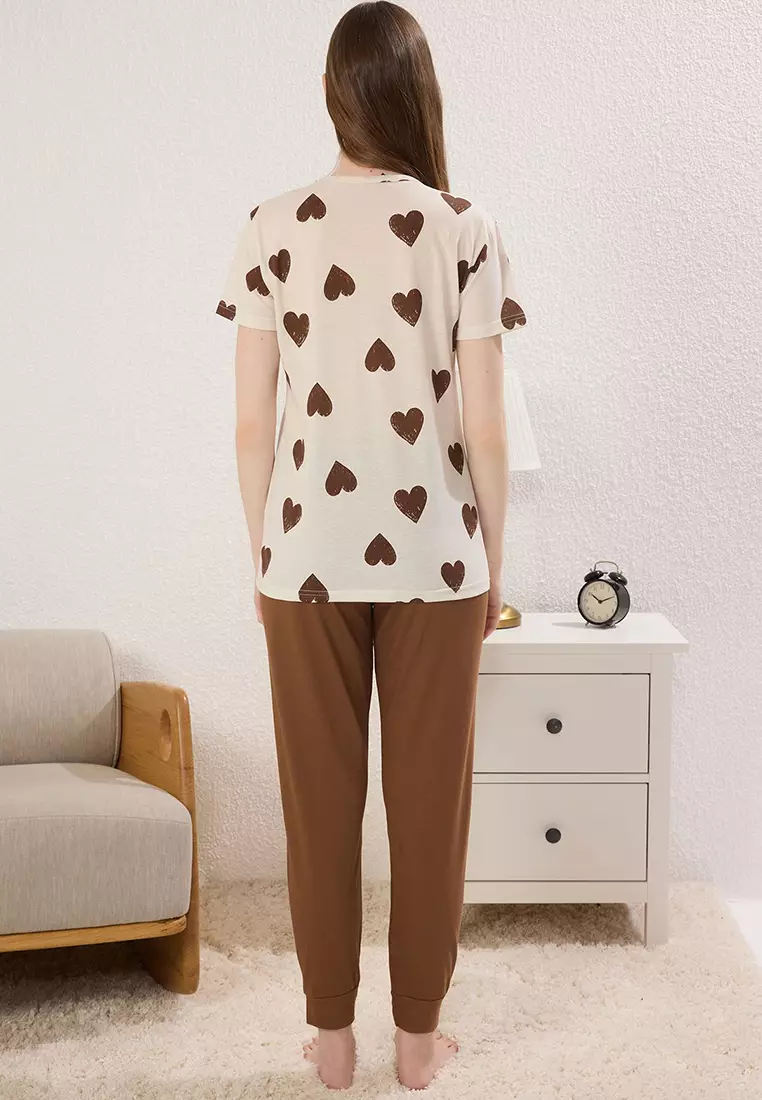 Brown-Multi Colorful Cotton Heart Knitted Pajama Set THMSS25PT00383