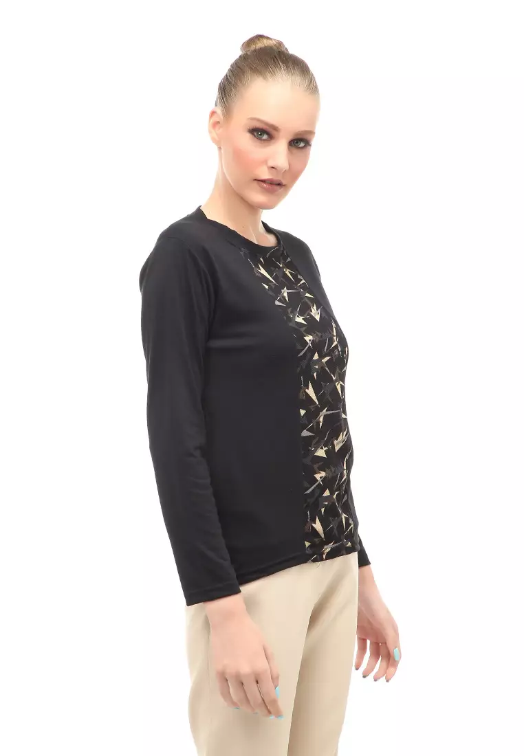 Kaos Atasan Wanita Long Sleeves Detail Motif Abstrak Slip On Style - Hitam