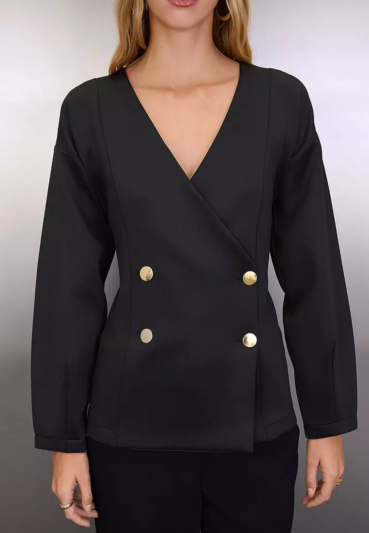 Black Regular/Normal Pattern Double Breasted Closure Scuba Flexible Thick Knit Jacket