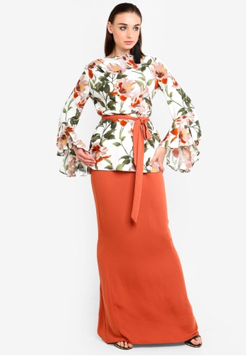 Anemone Tie Sleeve Kurung from Justin Yap Collection in orange and Multi