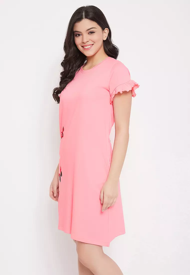 Clovia Butterfly Print Short Night Dress in Peach Pink - 100% Cotton 2024, Buy Clovia Online