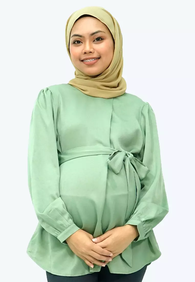 Buy 9months Maternity Green Maternity Sash-Tie Nursing Blouse Online