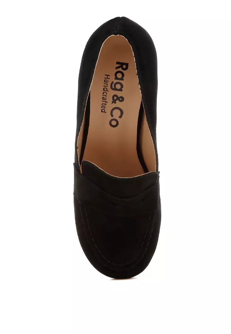 Block Heel Suede Loafers in Black