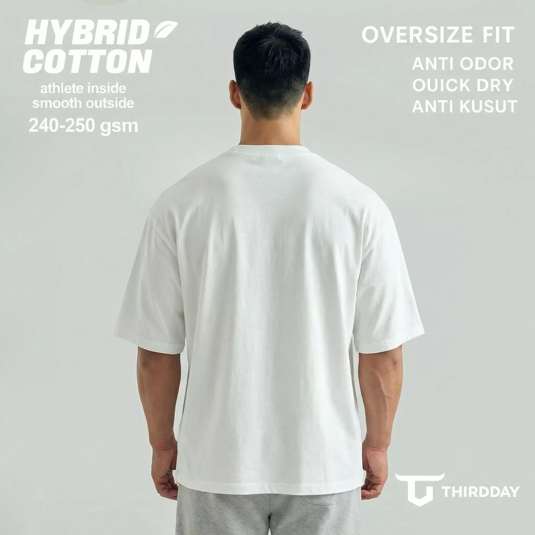 THIRDDAY Kaos Oversize Gym Hybrid Cotton Pria Premium | Kaos Gym & Casual Adem Anti Bau, 240 gsm Tebal Cooling Effect | Dominate Putih MTZ74