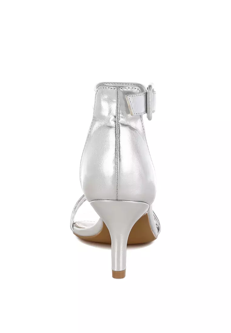 Metallic Faux Leather Kitten Heel Sandals In Silver