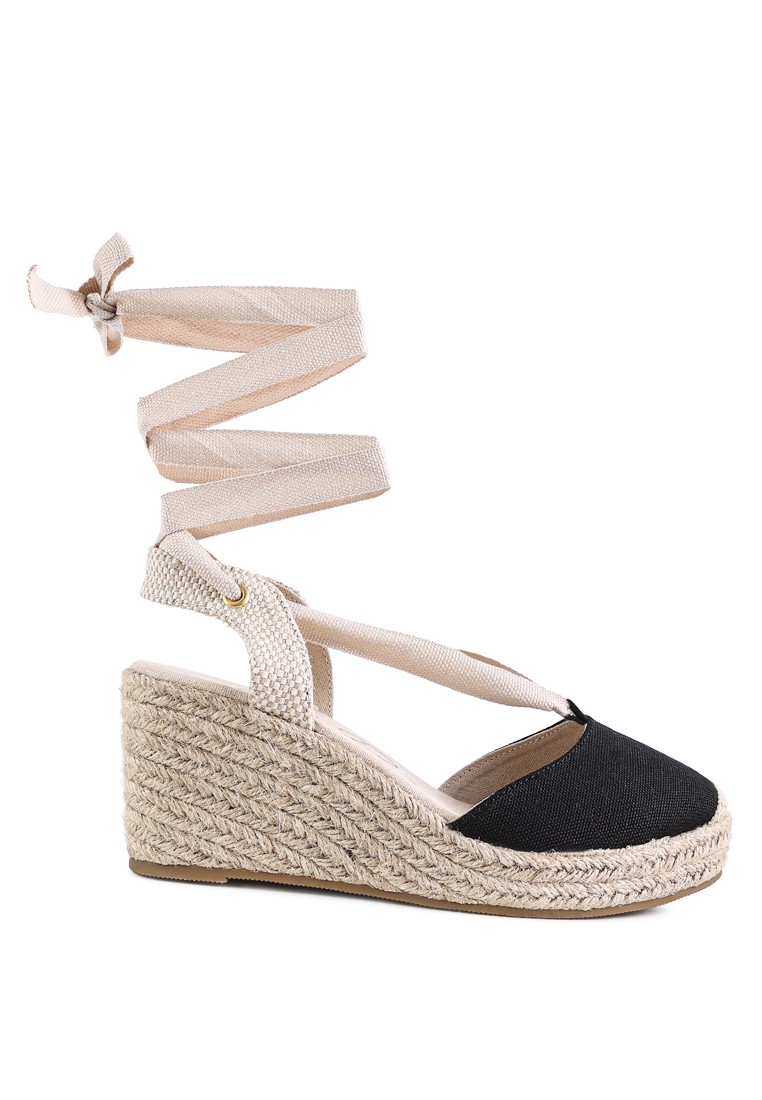 Black Strappy Wedge Heel Sandals
