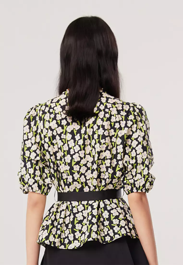 Allover Floral Print V Neck Top with Ribbon Waist Tie