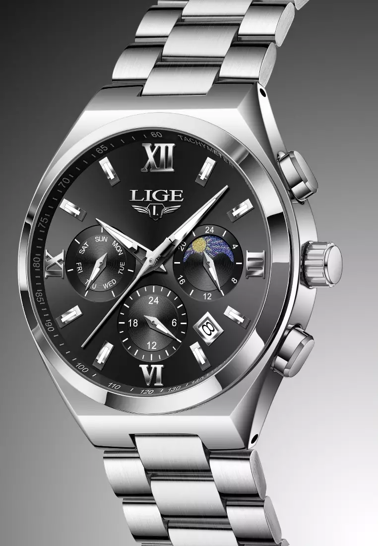 Chronograph Unisex Stainless Steel Quartz Watch 42mm, black dial, on Steel Bracelet