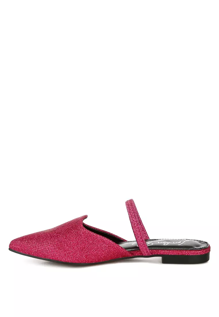 Glitter Faux Leather Flat Mules in Fuchsia