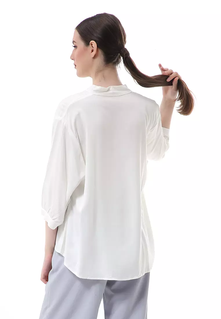 Ghita Kemeja Atasan Wanita Motif Polos Long Sleeve High Quality - Putih Gading