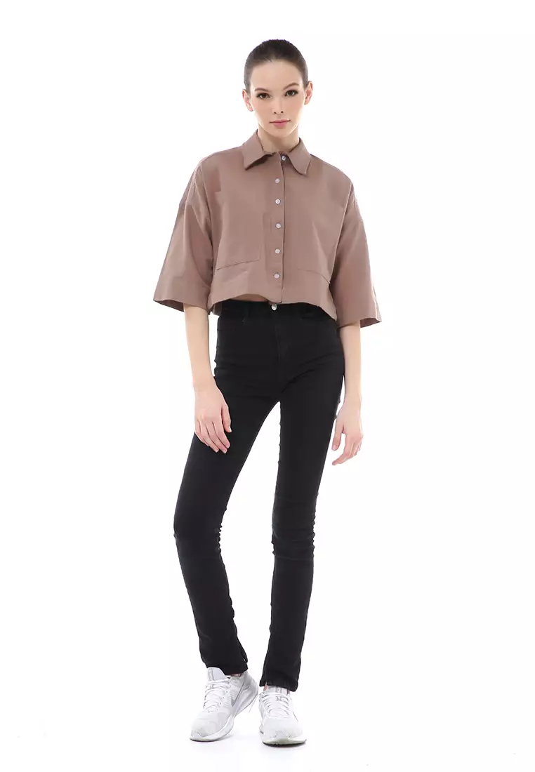 Brielle Atasan Wanita Kemeja Crop Oversize Shirt Lengan Panjang Material Linen ORIGINAL - Tiramisu