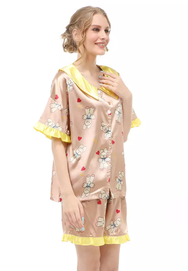 Vance Setelan Baju Tidur Wanita Lengan Pendek Motif Coco Bear Material Satin ORIGINAL - Yellow