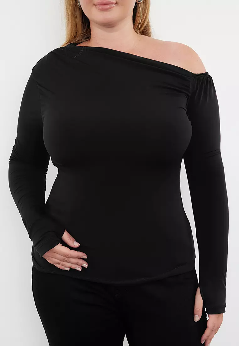Plus Size Asymmetric Collar Blouse