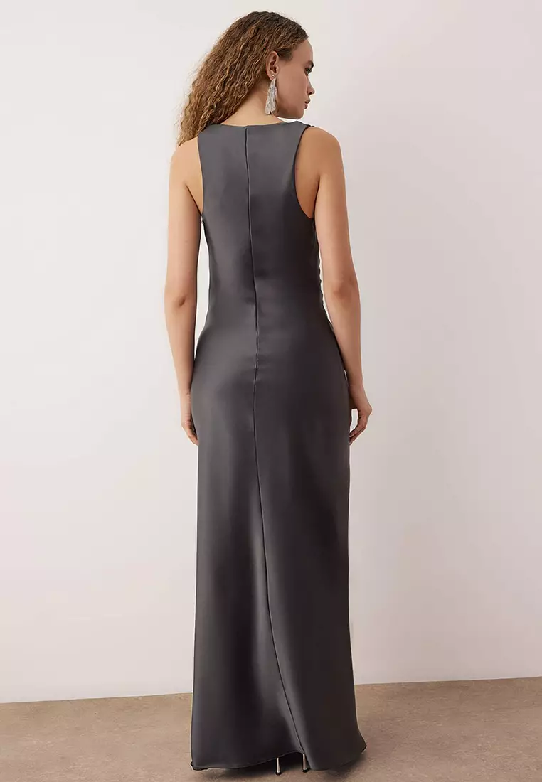Anthracite Bodycon Woven Satin Maxi Evening Dress & Graduation Dress Tprss25Ae66